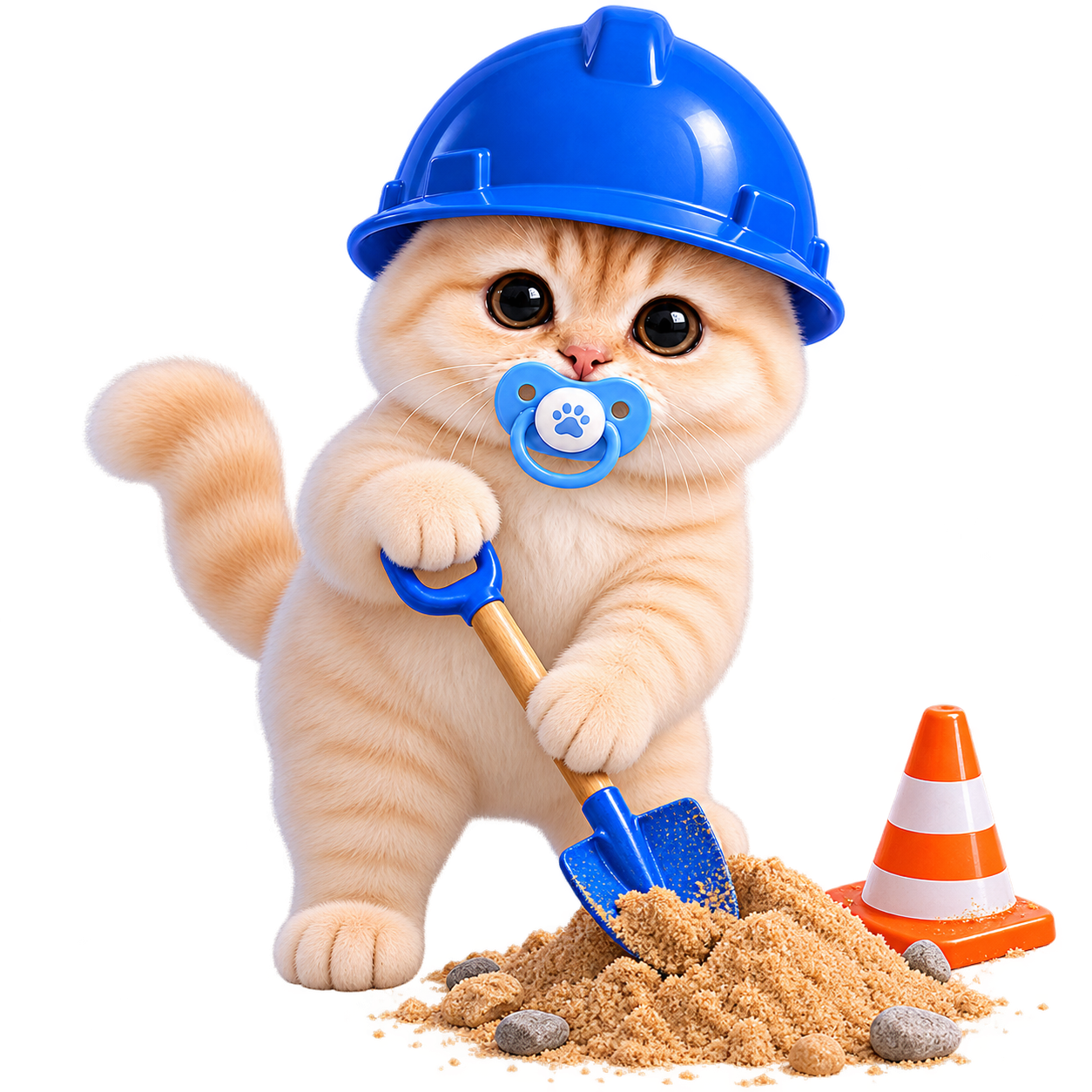 Baby Basecat digging with a blue shovel