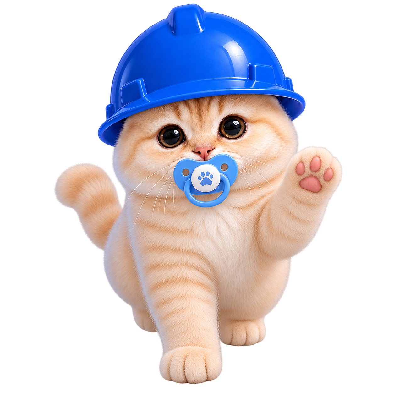 Baby Basecat wearing a blue builder helmet and waving